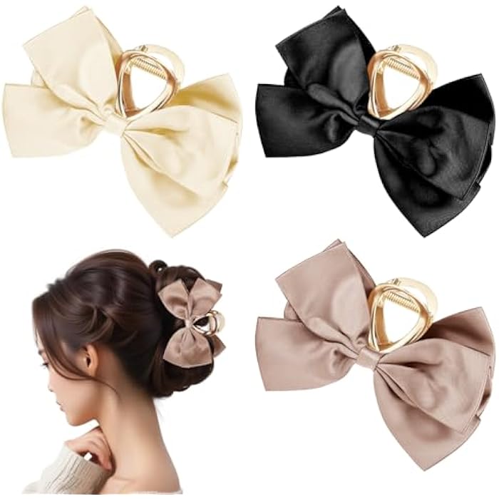 ElevateTech Metal Bow Claw Clip for Women, 3 Pcs Satin Bow Hair Clips Big cute Hair Bows Clips Non Slip Claw Clip with Knots for Thick and Thin Hair (Black/White/Khaki) - Image 1